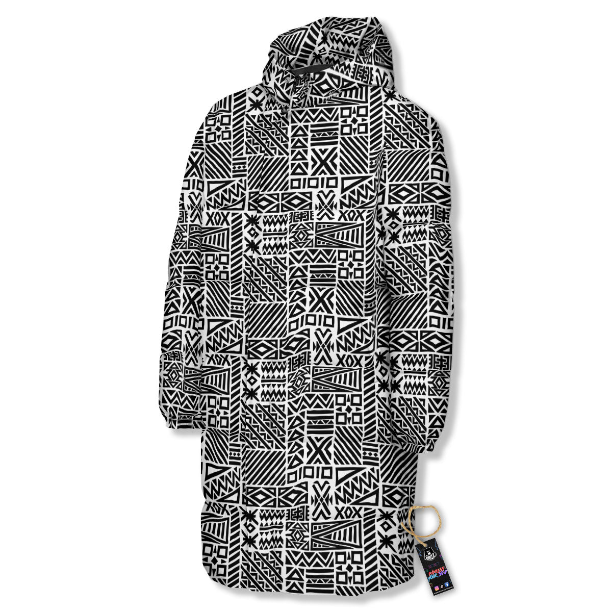 Aztec Geometric White And Black Print Long Down Jacket