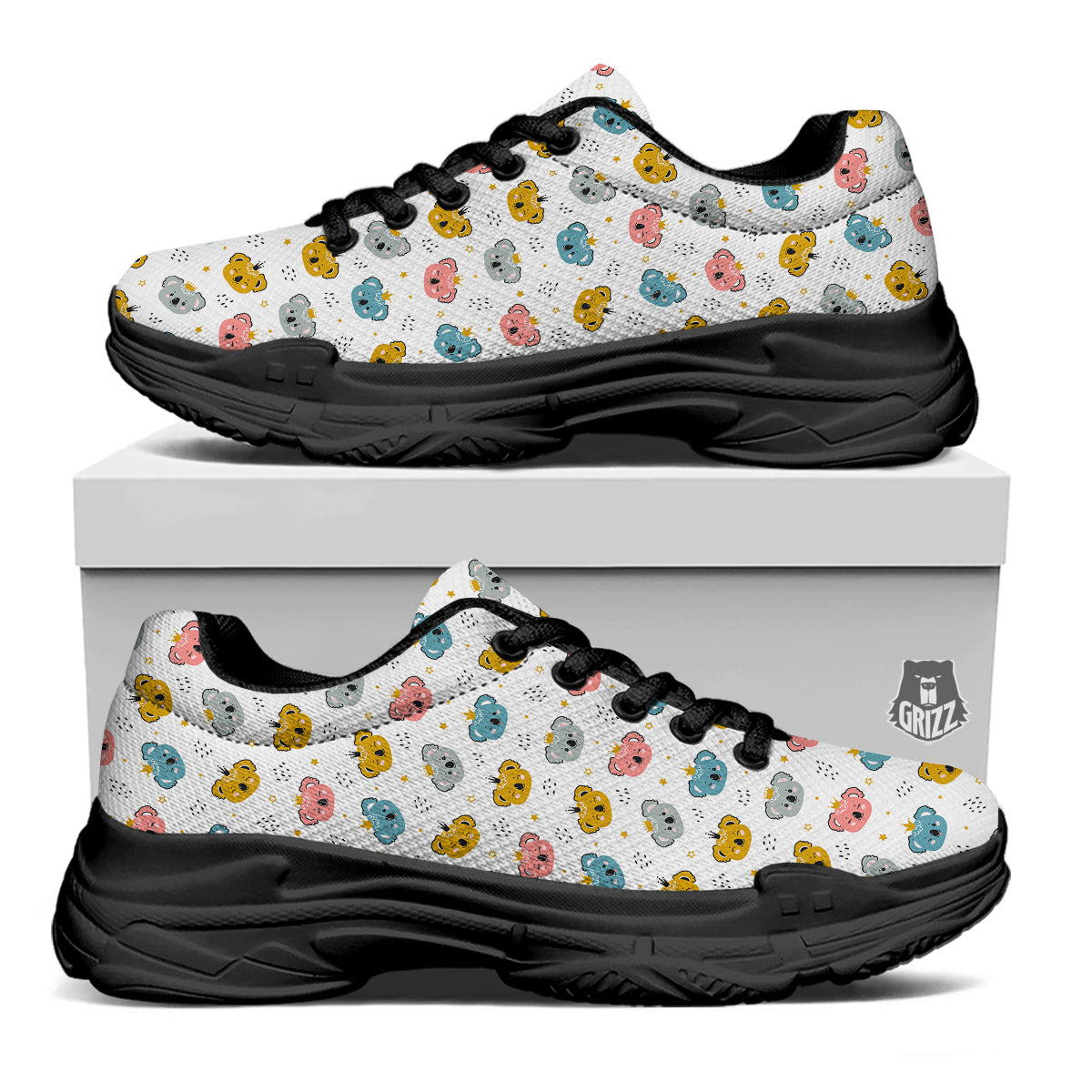Baby Bear Colorful Cartoon Print Pattern Black Chunky Shoes-grizzshop