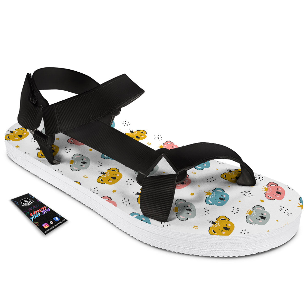 Baby Bear Colorful Cartoon Print Pattern Black Open Toe Sandals-grizzshop
