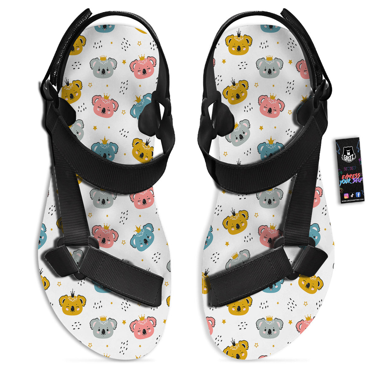 Baby Bear Colorful Cartoon Print Pattern Black Open Toe Sandals-grizzshop
