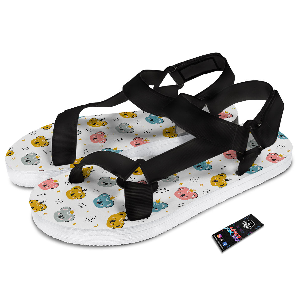 Baby Bear Colorful Cartoon Print Pattern Black Open Toe Sandals-grizzshop