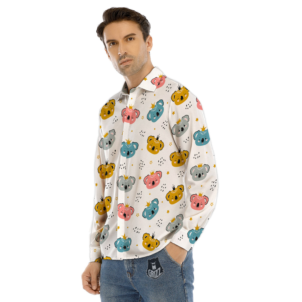 Baby Bear Colorful Cartoon Print Pattern Men's Dress Shirts-grizzshop