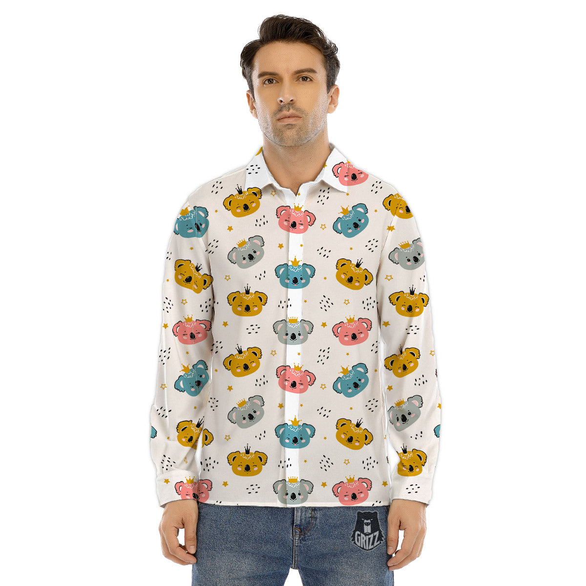 Baby Bear Colorful Cartoon Print Pattern Men's Dress Shirts-grizzshop