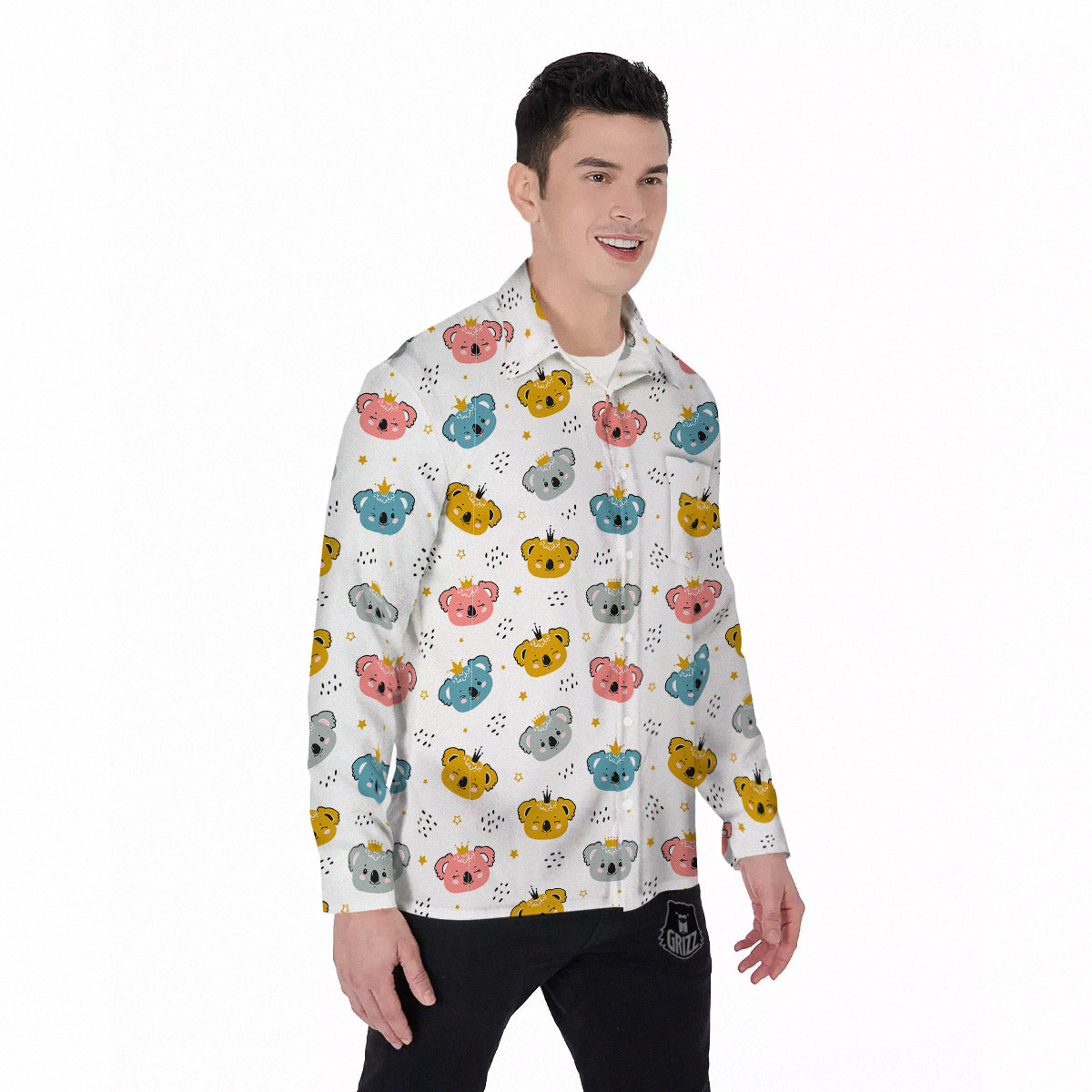 Baby Bear Colorful Cartoon Print Pattern Men's Long Sleeve Shirts-grizzshop