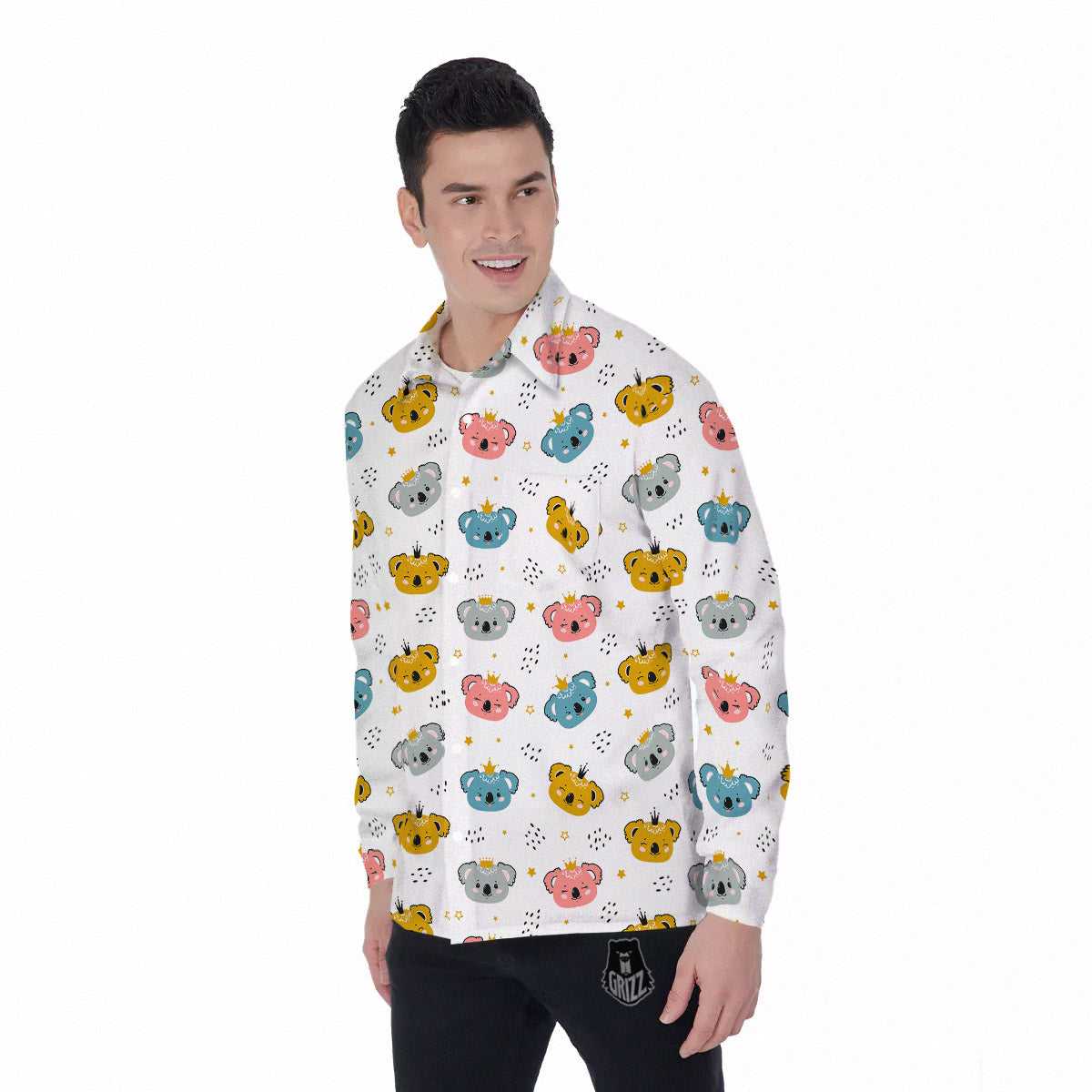 Baby Bear Colorful Cartoon Print Pattern Men's Long Sleeve Shirts-grizzshop