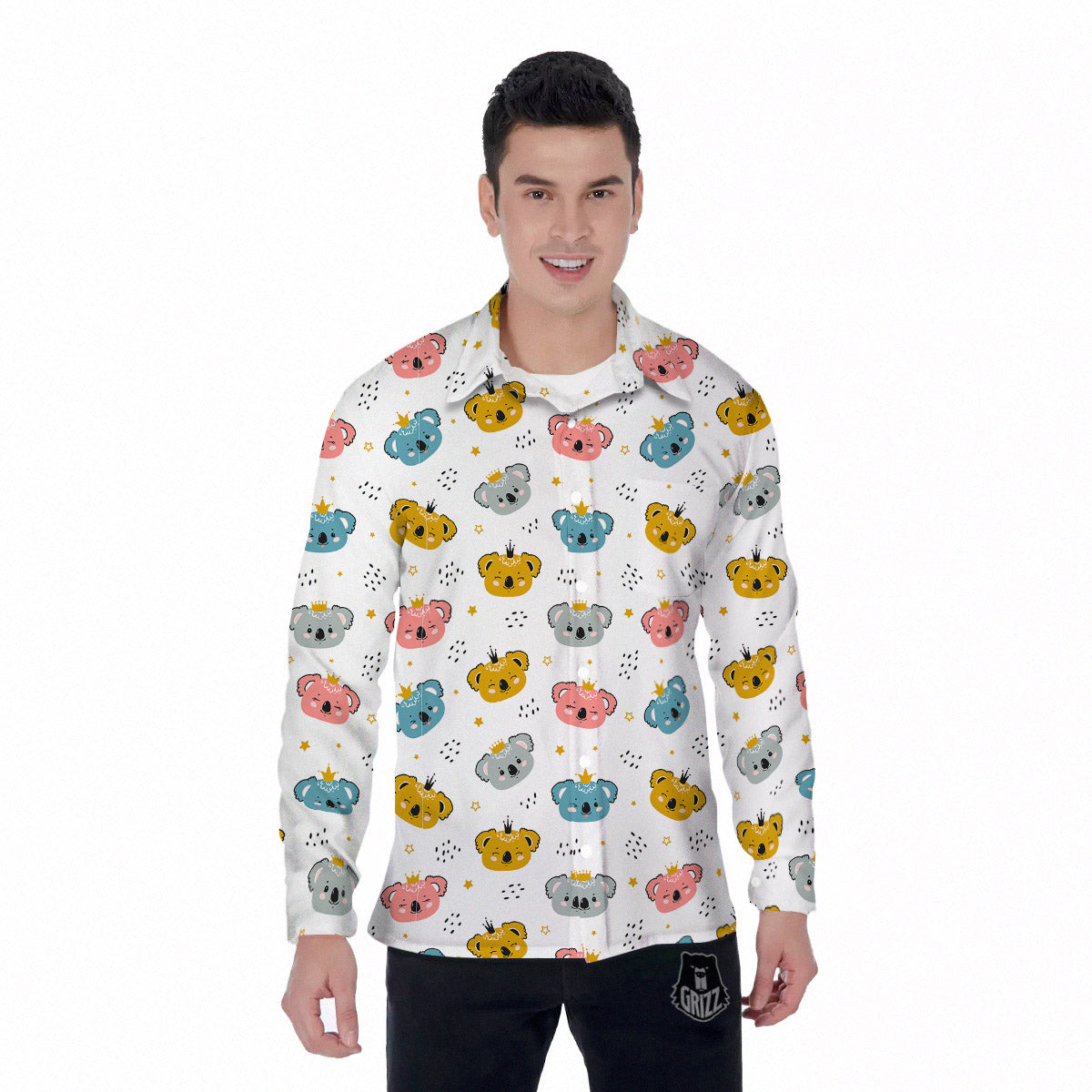 Baby Bear Colorful Cartoon Print Pattern Men's Long Sleeve Shirts-grizzshop