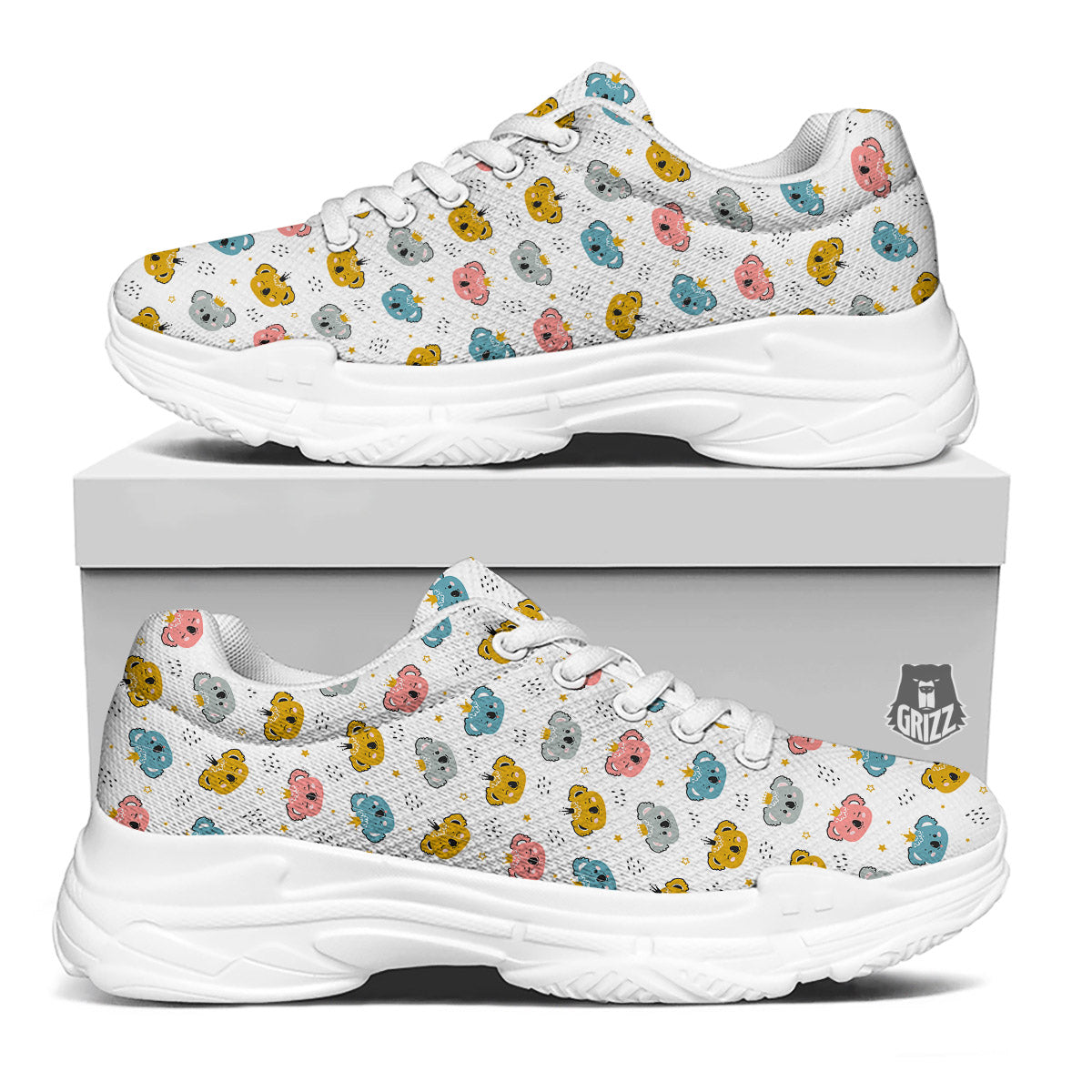 Baby Bear Colorful Cartoon Print Pattern White Chunky Shoes-grizzshop