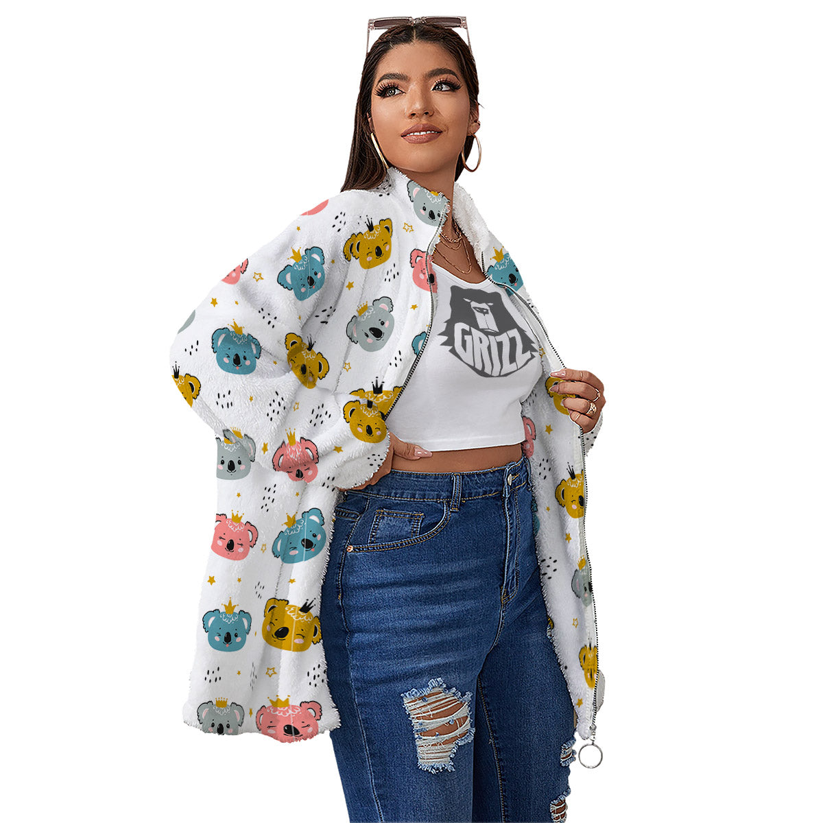 Baby Bear Colorful Cartoon Print Pattern Women's Sherpa Jacket-grizzshop