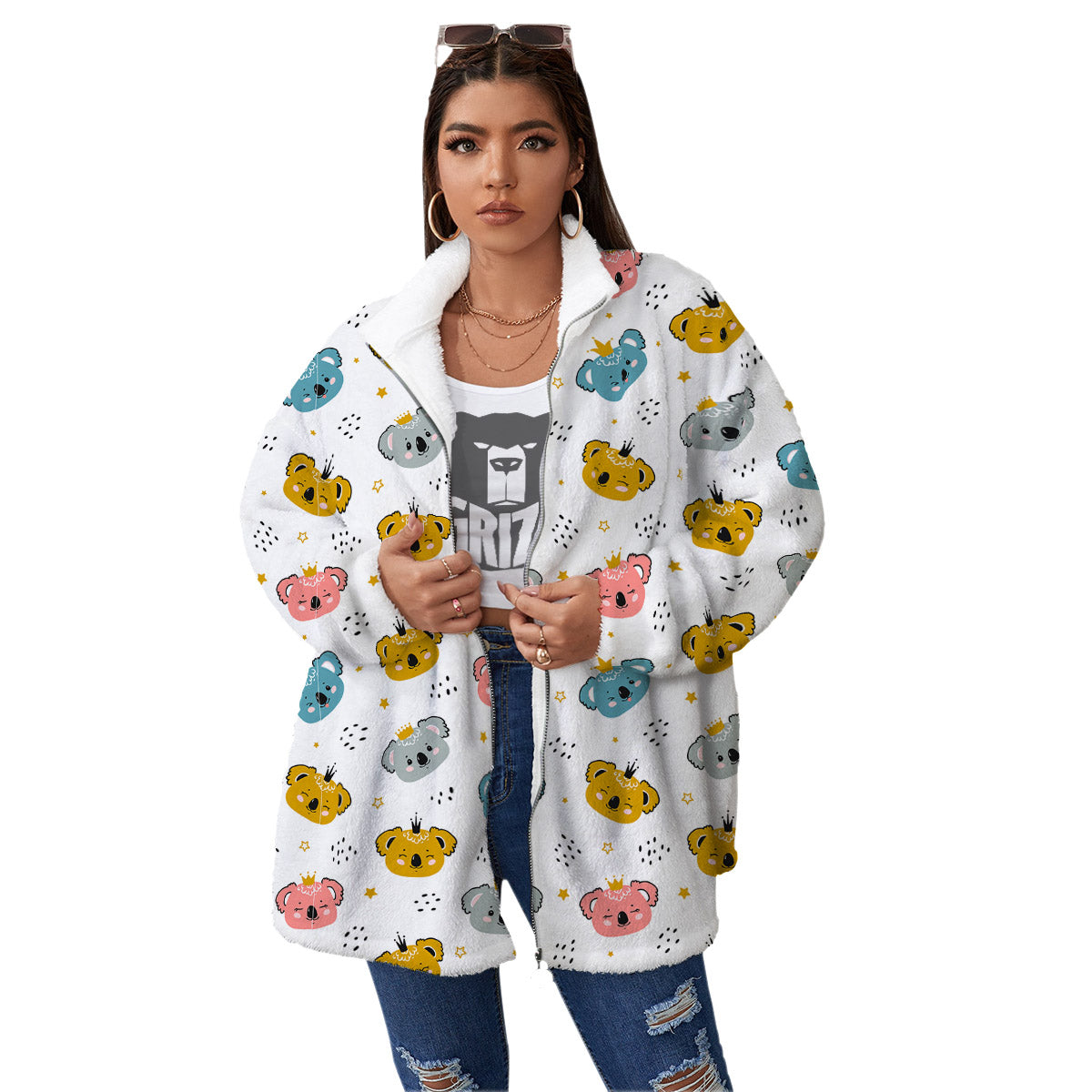 Baby Bear Colorful Cartoon Print Pattern Women's Sherpa Jacket-grizzshop
