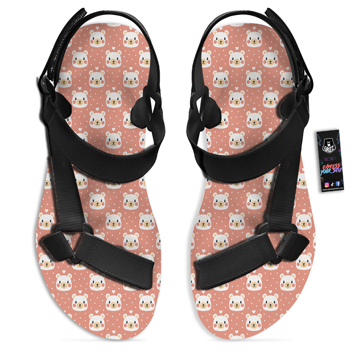 Baby Bear Cute Polka Dot Print Pattern Black Open Toe Sandals-grizzshop