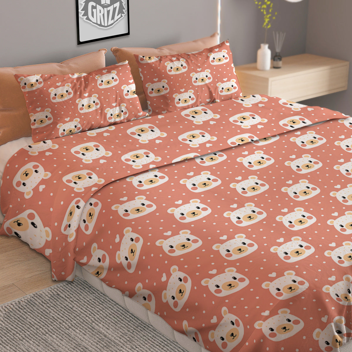 Baby Bear Cute Polka Dot Print Pattern Duvet Cover Bedding Set