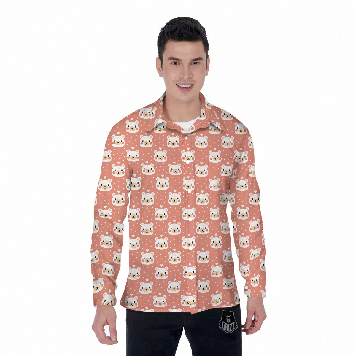 Baby Bear Cute Polka Dot Print Pattern Men's Long Sleeve Shirts-grizzshop