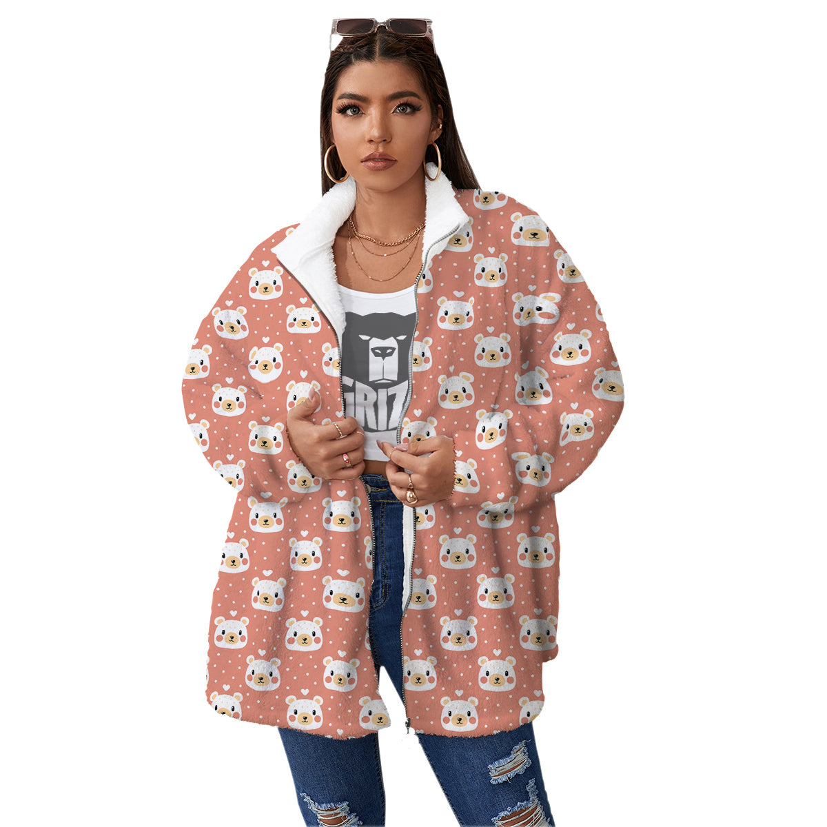 Baby Bear Cute Polka Dot Print Pattern Women's Sherpa Jacket-grizzshop