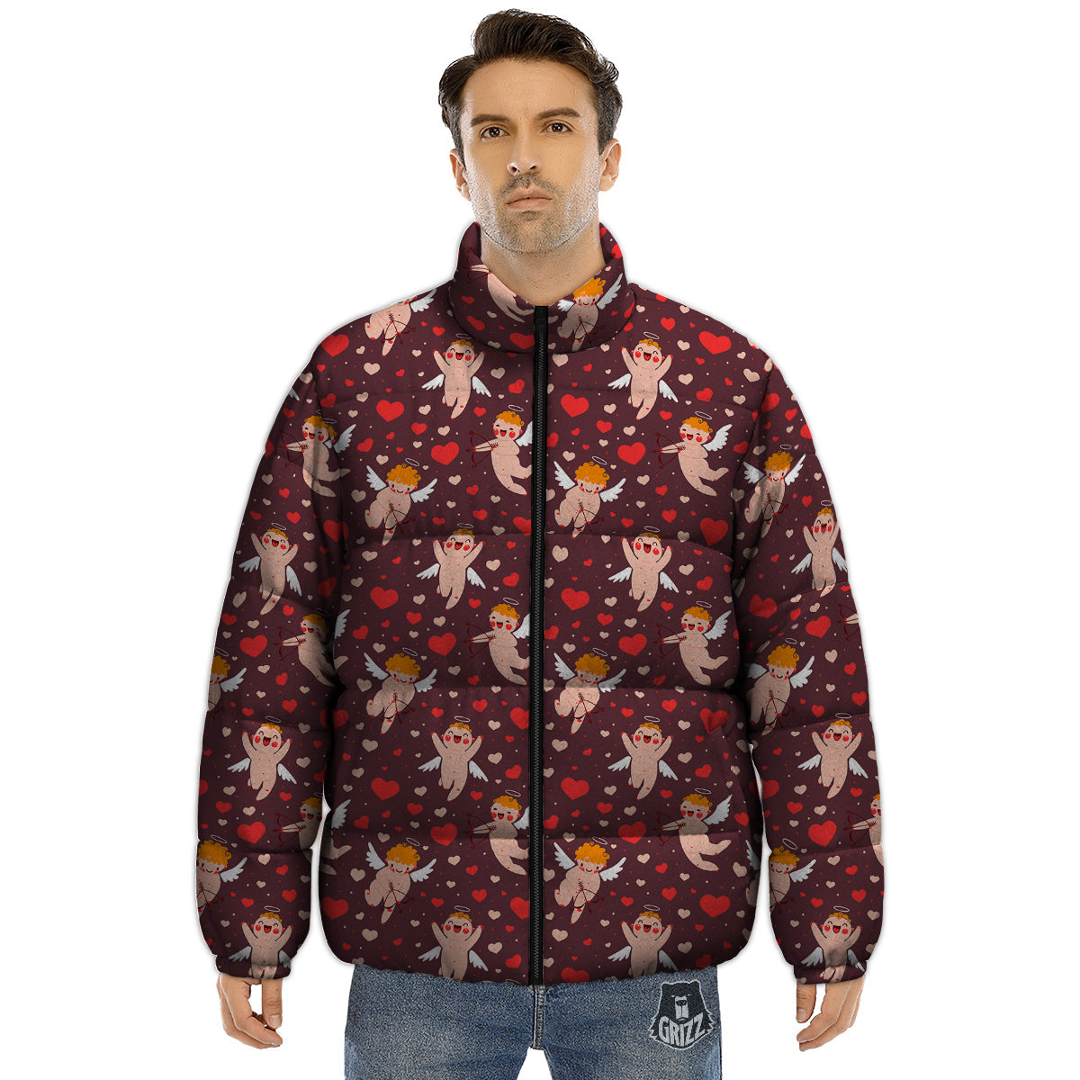 Baby Cupid Print Pattern Puffer Jacket-grizzshop