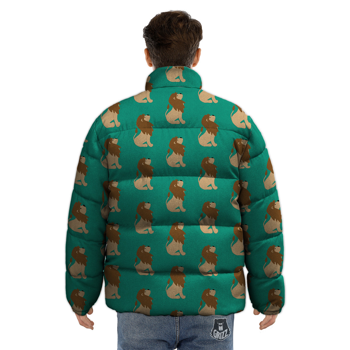 Baby Lion Print Pattern Puffer Jacket-grizzshop