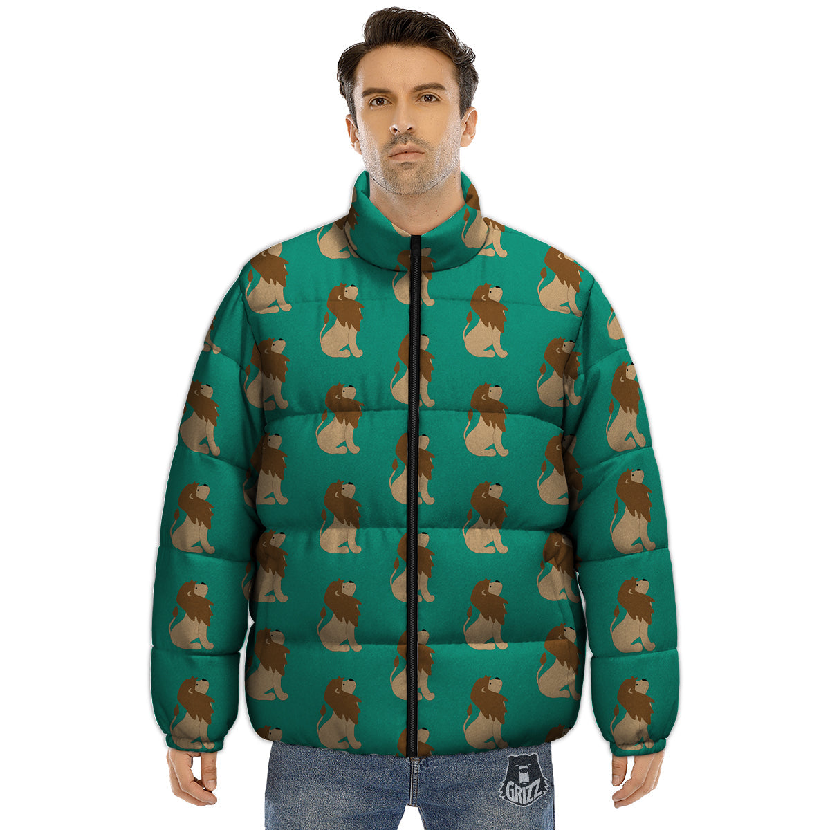 Baby Lion Print Pattern Puffer Jacket-grizzshop