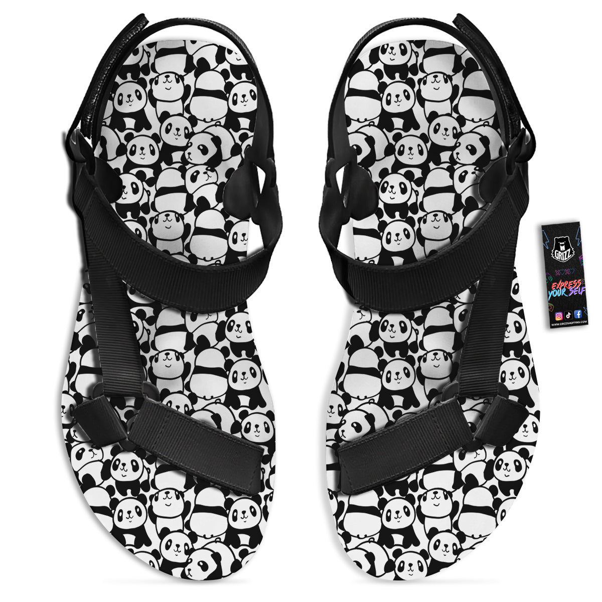Baby Panda Cute Print Pattern Black Open Toe Sandals-grizzshop