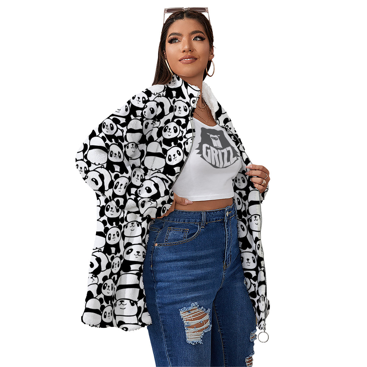 Baby Panda Cute Print Pattern Women's Sherpa Jacket-grizzshop