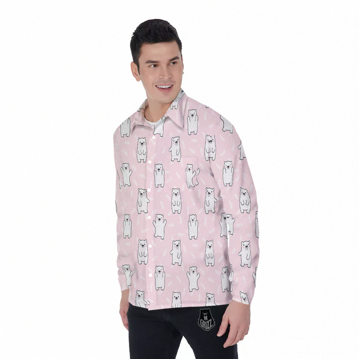 Baby Polar Bear White Print Pattern Men's Long Sleeve Shirts-grizzshop