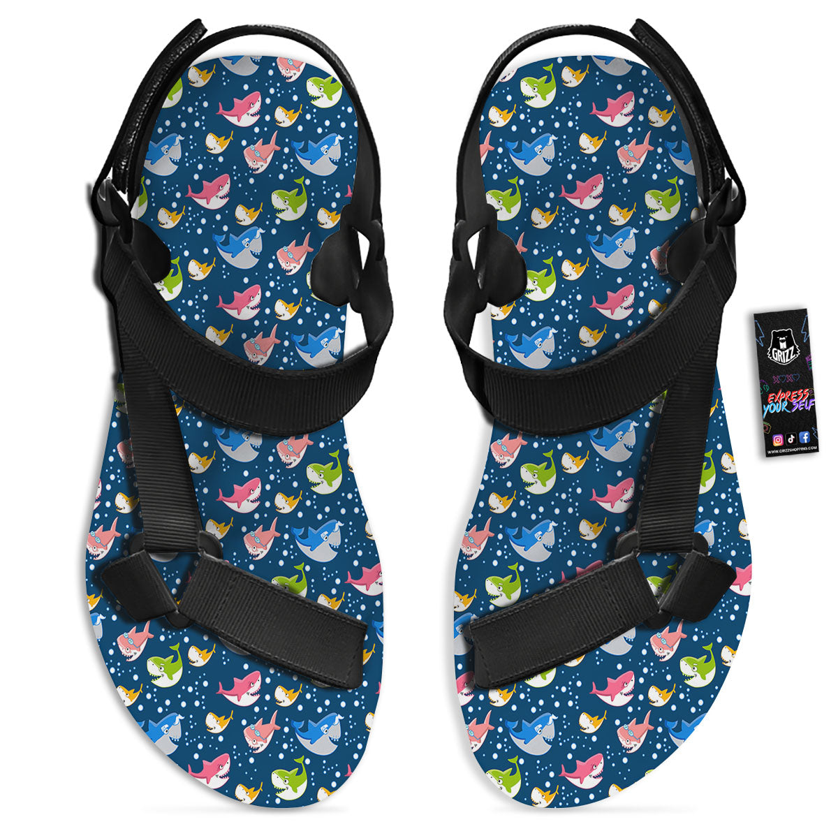 Baby Sharks Colorful Print Pattern Black Open Toe Sandals-grizzshop