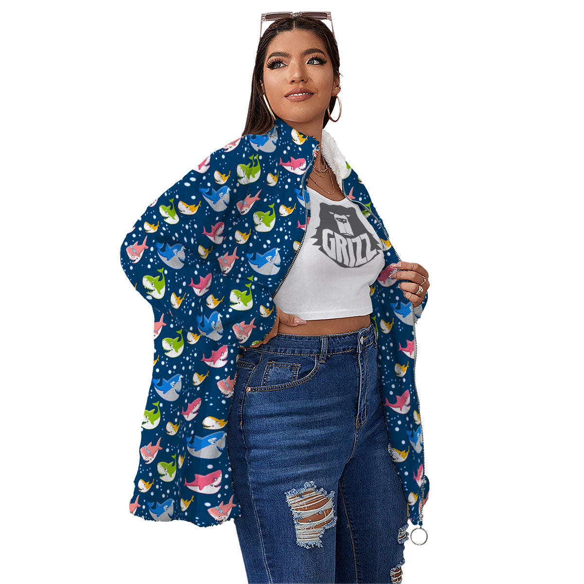 Baby Sharks Colorful Print Pattern Women's Sherpa Jacket-grizzshop
