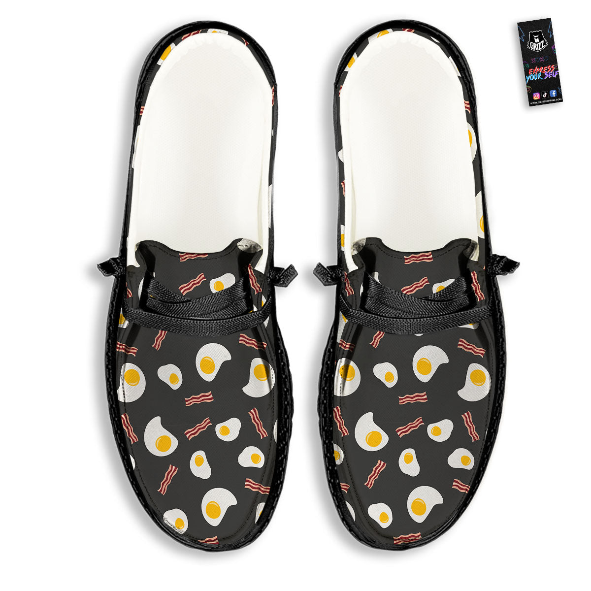 Bacon And Black Fried Egg Print Pattern Black Loafers-grizzshop