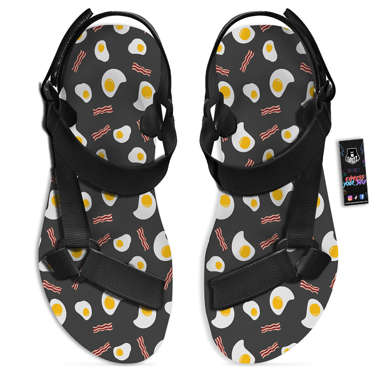 Bacon And Black Fried Egg Print Pattern Black Open Toe Sandals-grizzshop