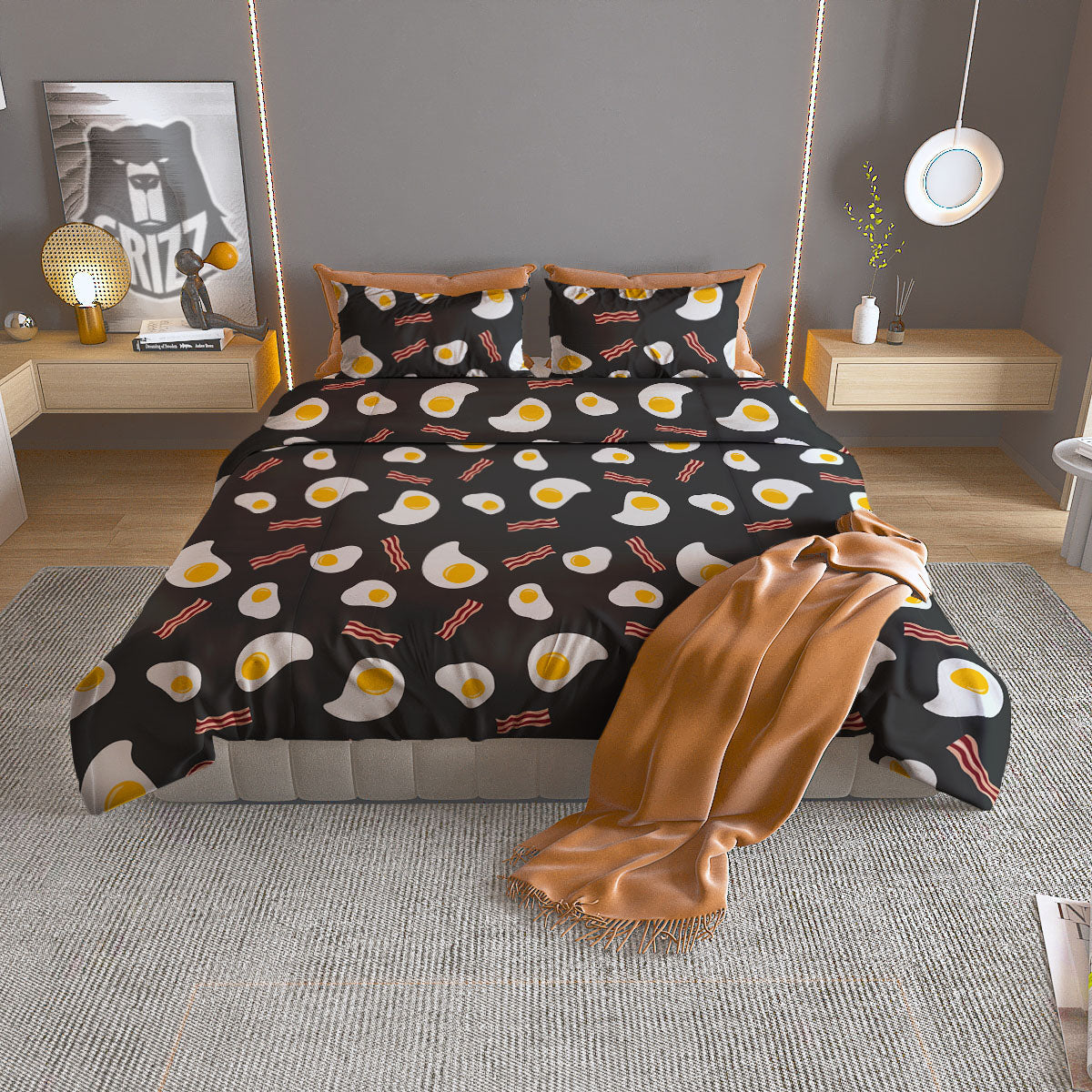 Bacon And Black Fried Egg Print Pattern Duvet Cover Bedding Set