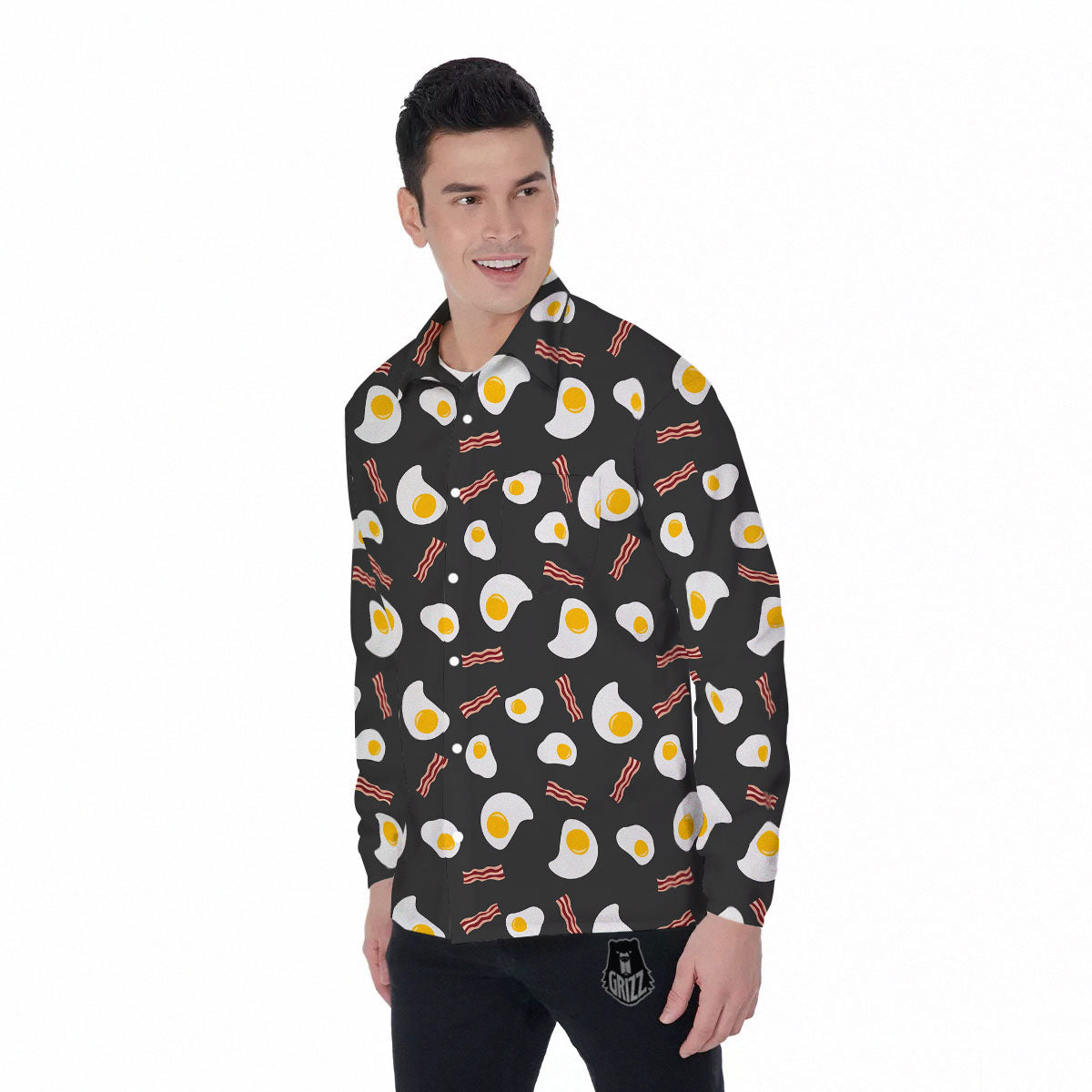 Bacon And Black Fried Egg Print Pattern Men's Long Sleeve Shirts-grizzshop