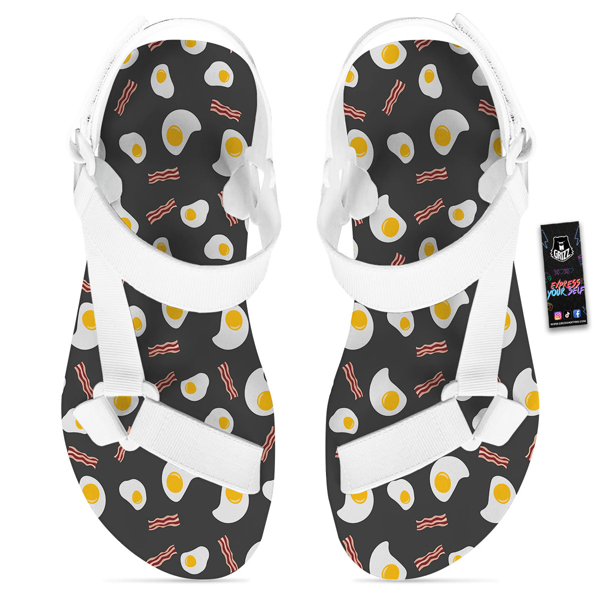Bacon And Black Fried Egg Print Pattern White Open Toe Sandals-grizzshop