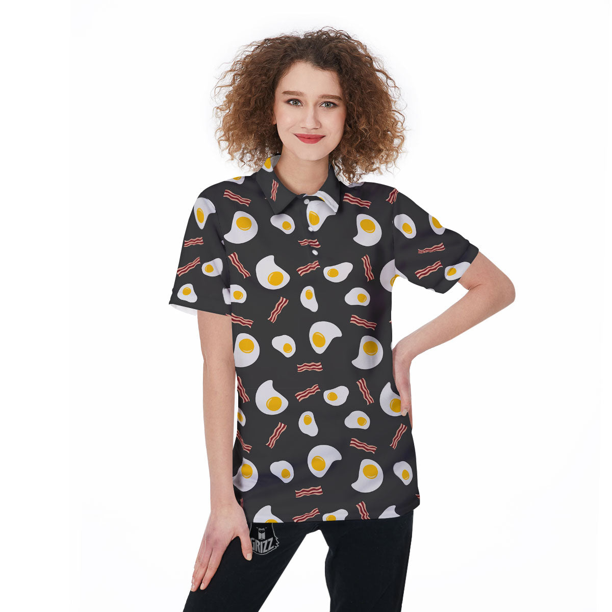 Bacon And Black Fried Egg Print Pattern Women's Golf Shirts-grizzshop