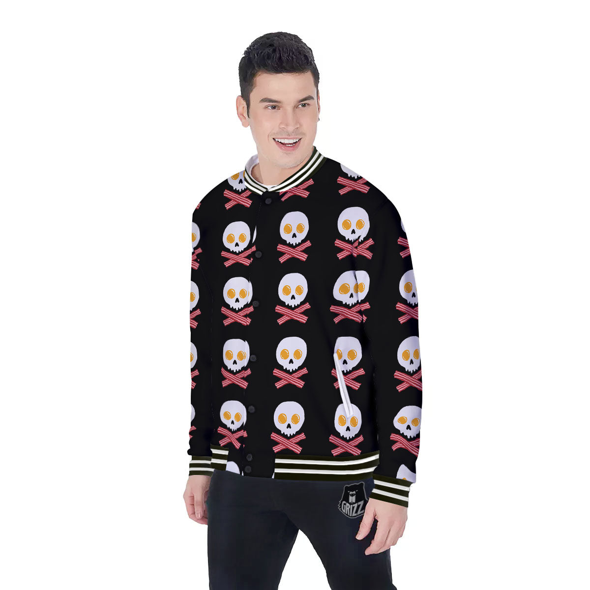 Bacon And Skull Fried Egg Print Pattern Baseball Jacket-grizzshop