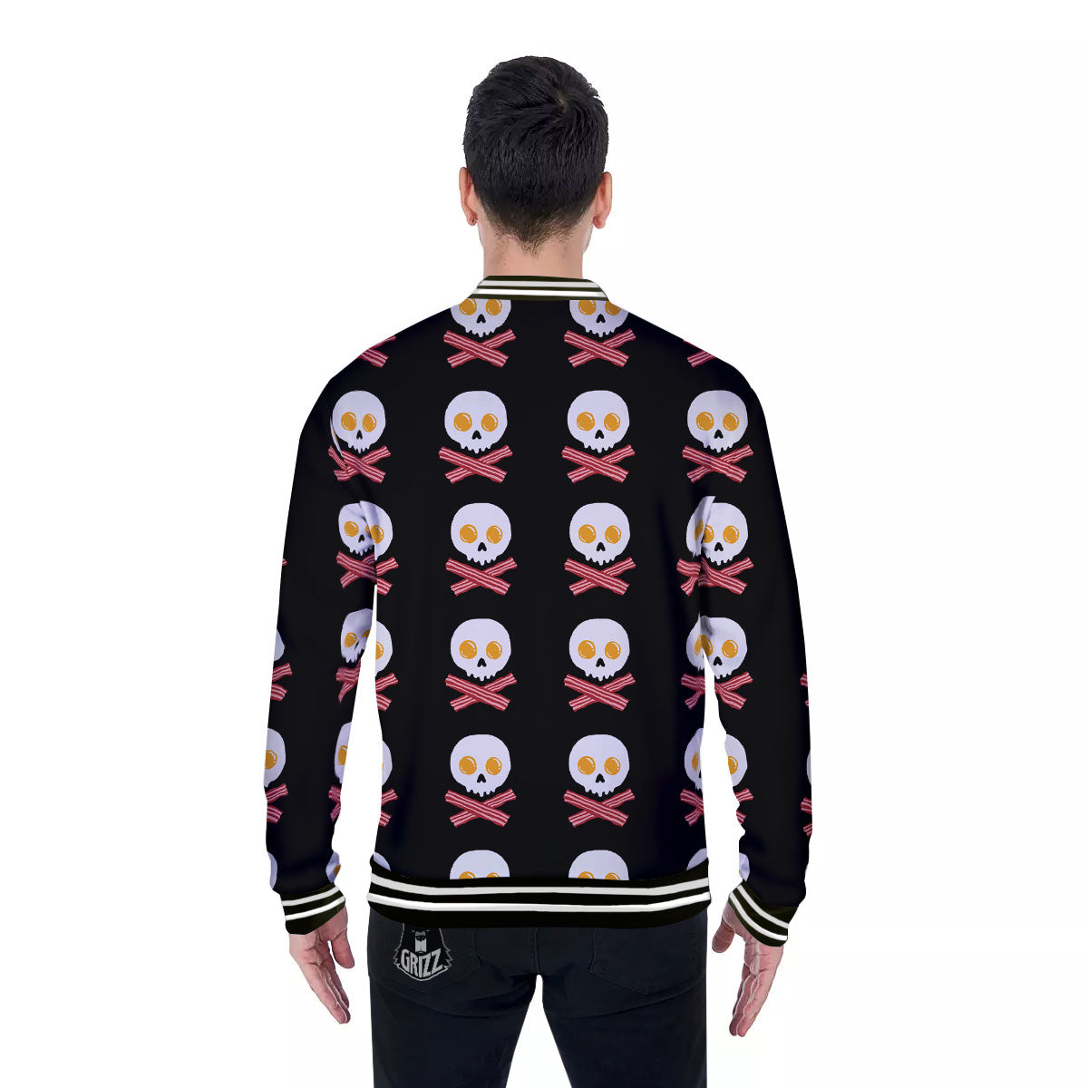 Bacon And Skull Fried Egg Print Pattern Baseball Jacket-grizzshop