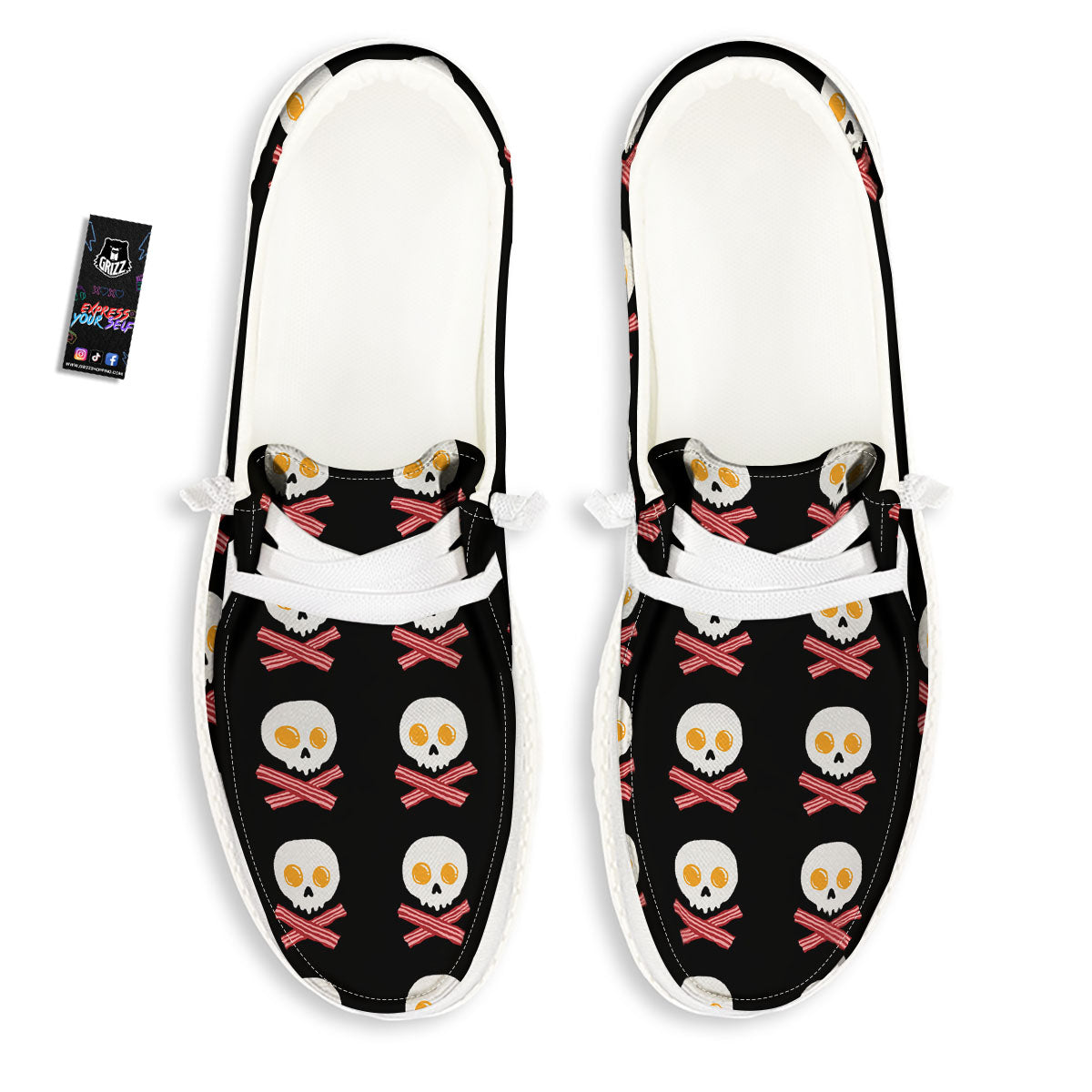 Bacon And Skull Fried Egg Print Pattern Black Loafers-grizzshop