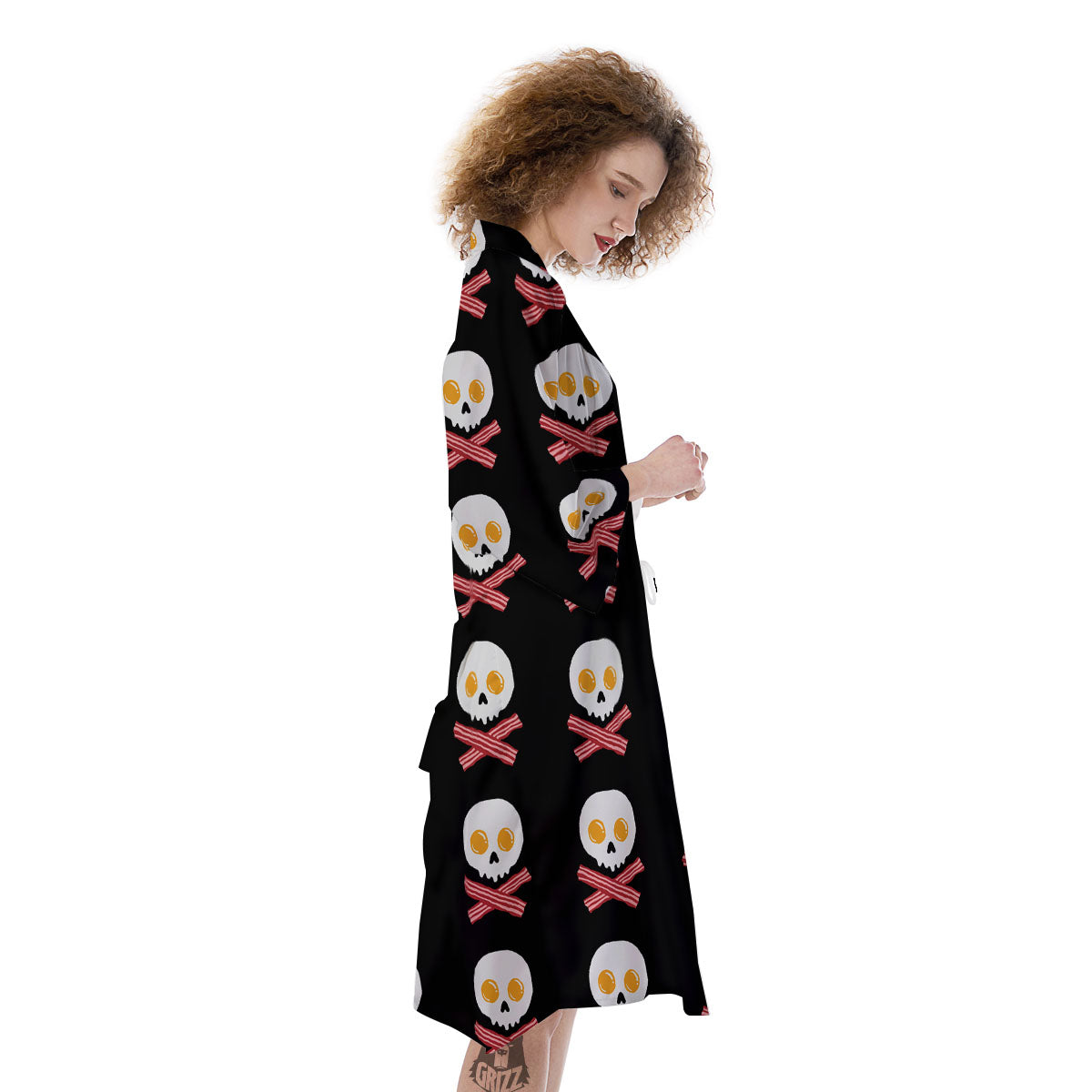 Bacon And Skull Fried Egg Print Pattern Kimono-grizzshop
