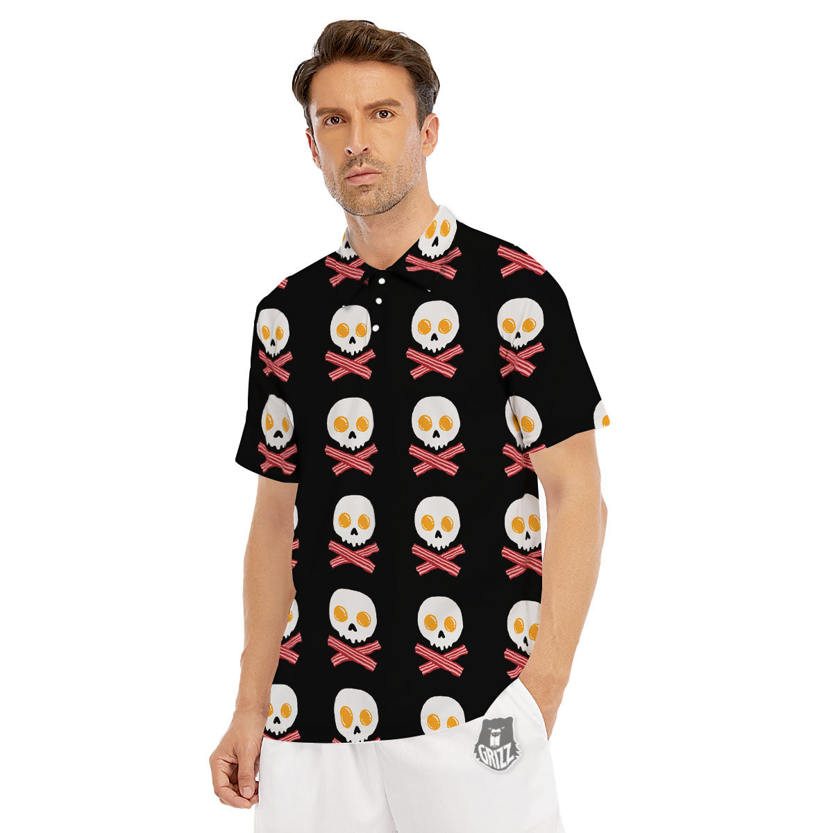 Bacon And Skull Fried Egg Print Pattern Men's Golf Shirts-grizzshop