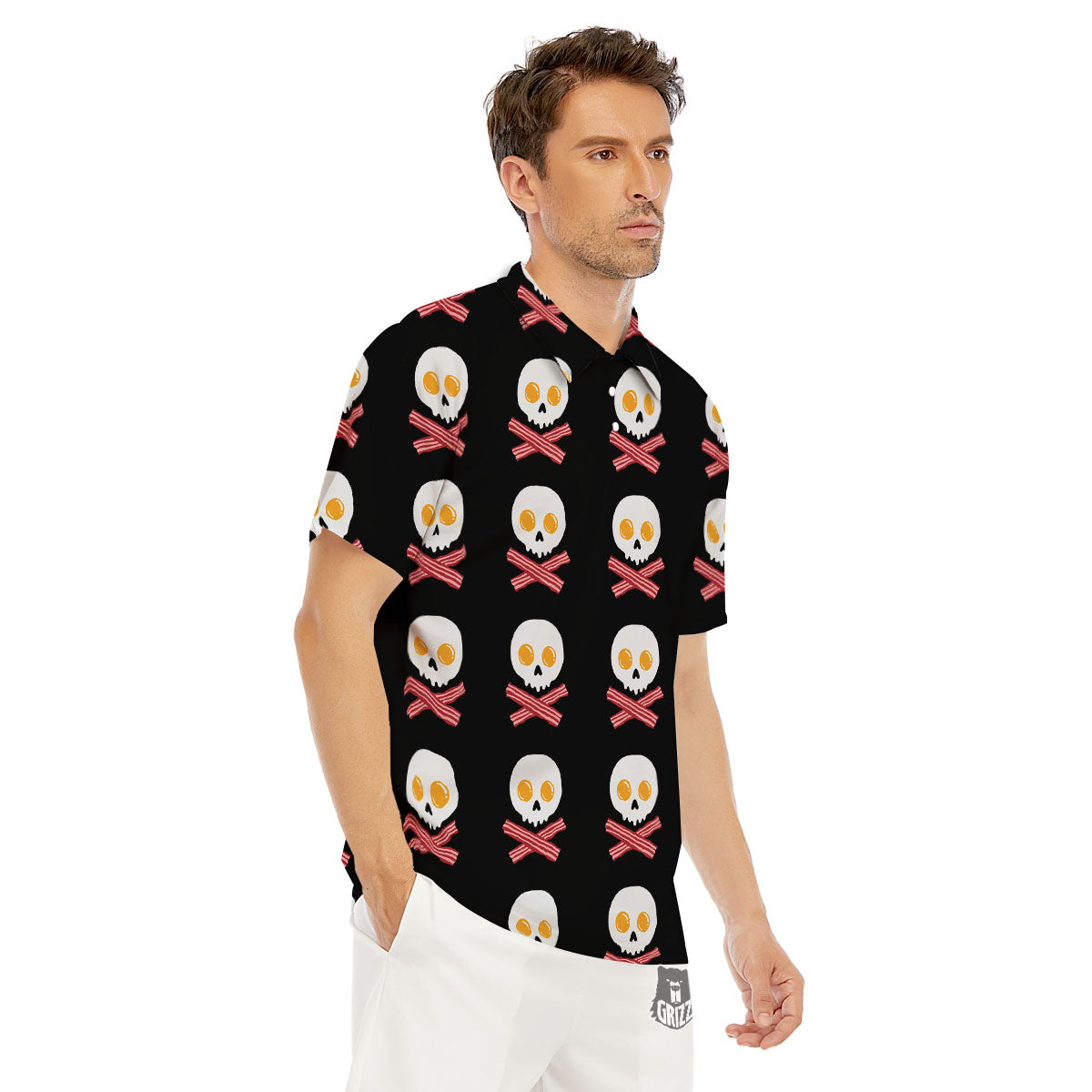 Bacon And Skull Fried Egg Print Pattern Men's Golf Shirts-grizzshop