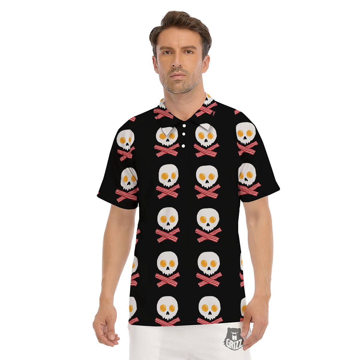 Bacon And Skull Fried Egg Print Pattern Men's Golf Shirts-grizzshop