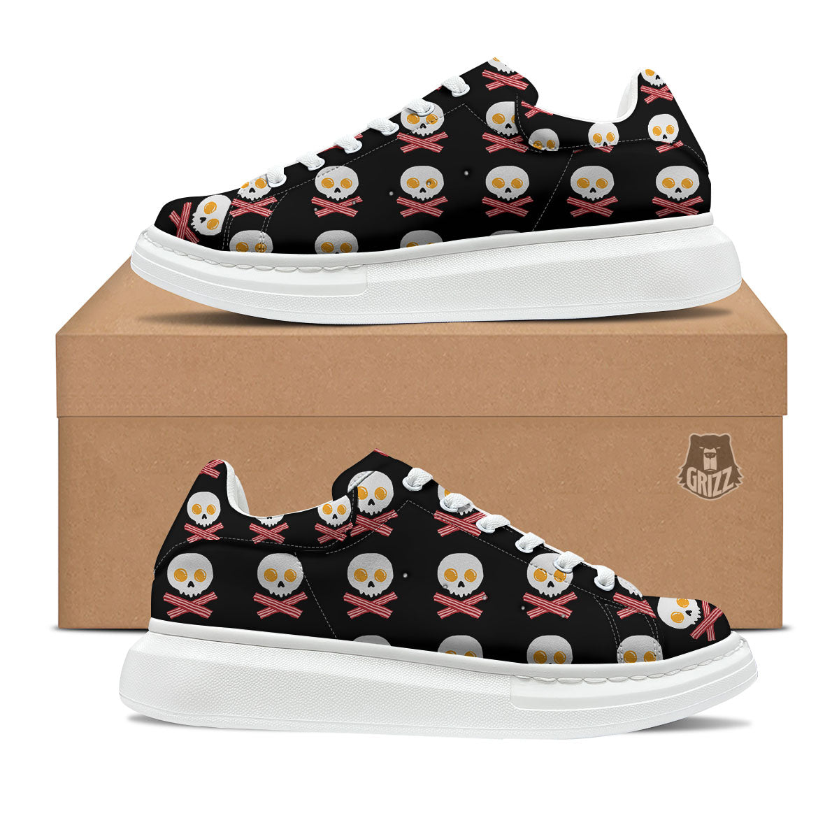 Bacon And Skull Fried Egg Print Pattern Platform Shoes-grizzshop