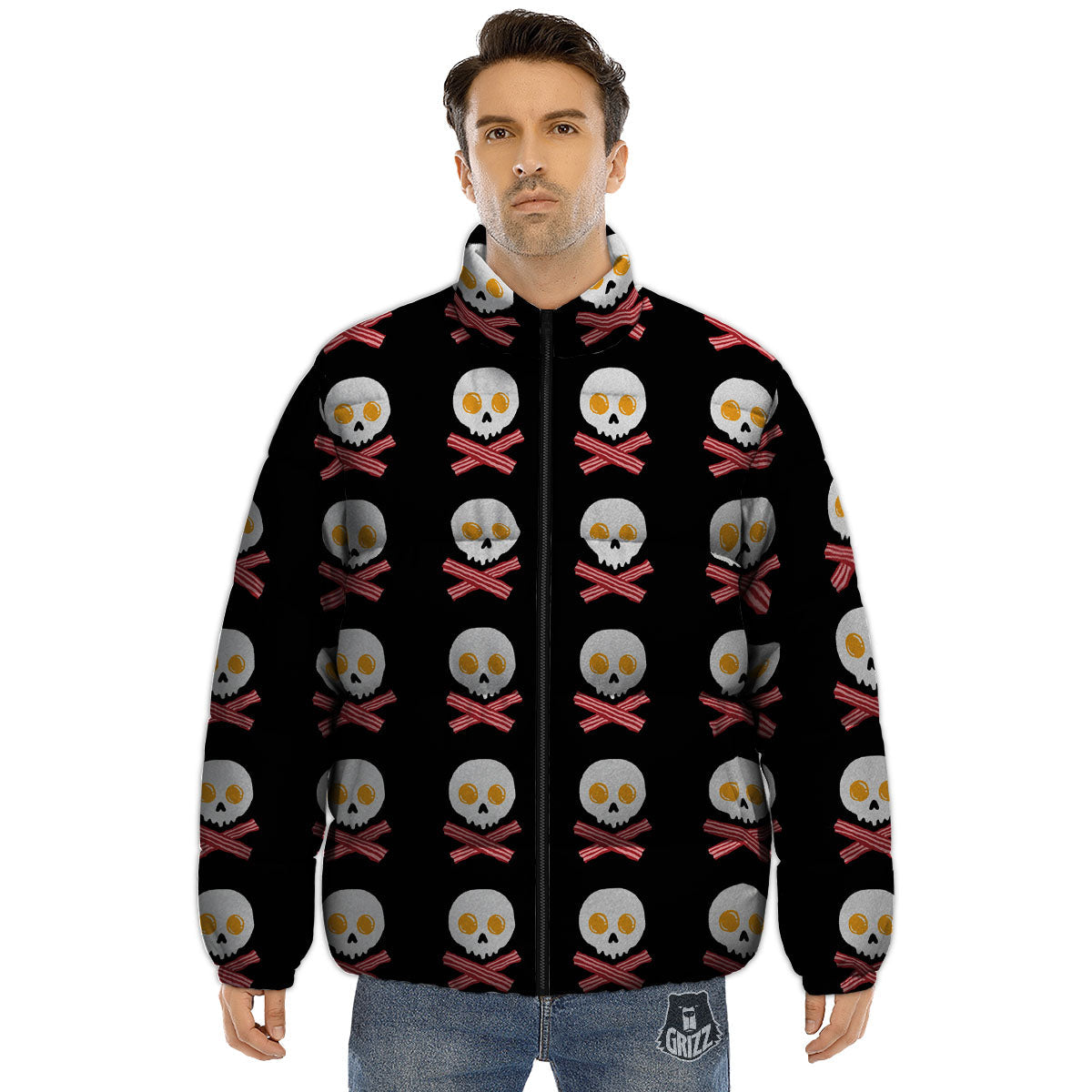 Bacon And Skull Fried Egg Print Pattern Puffer Jacket-grizzshop