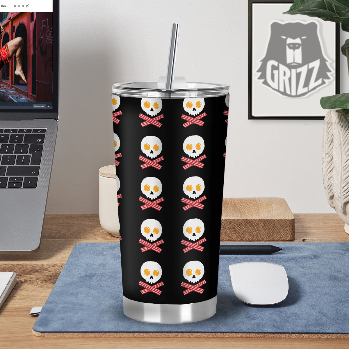Bacon And Skull Fried Egg Print Pattern Tumbler-grizzshop