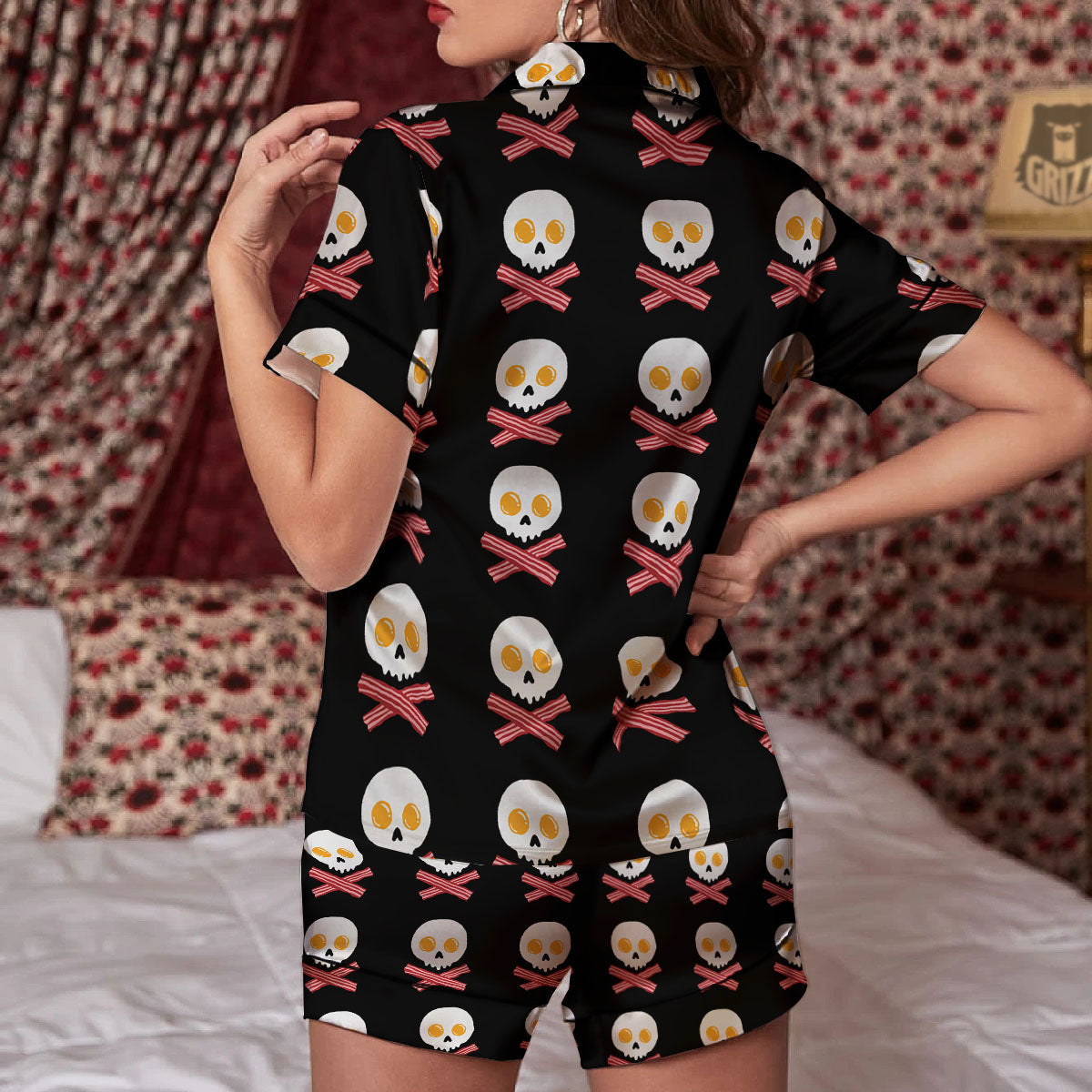 Bacon And Skull Fried Egg Print Pattern Women Silk Pajamas-grizzshop