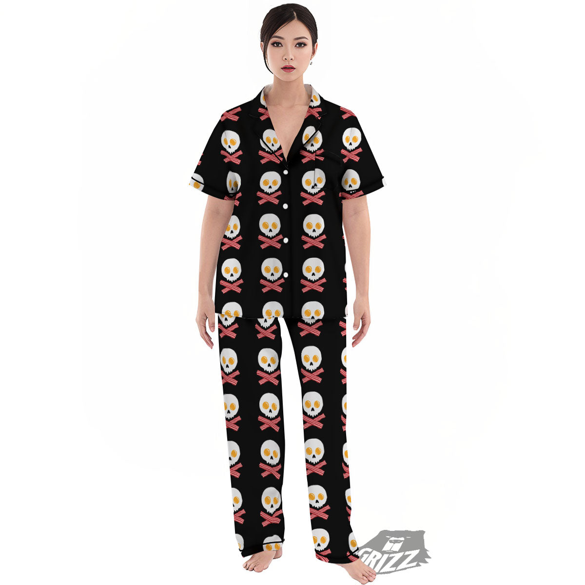 Bacon And Skull Fried Egg Print Pattern Women's Pajamas Set-grizzshop