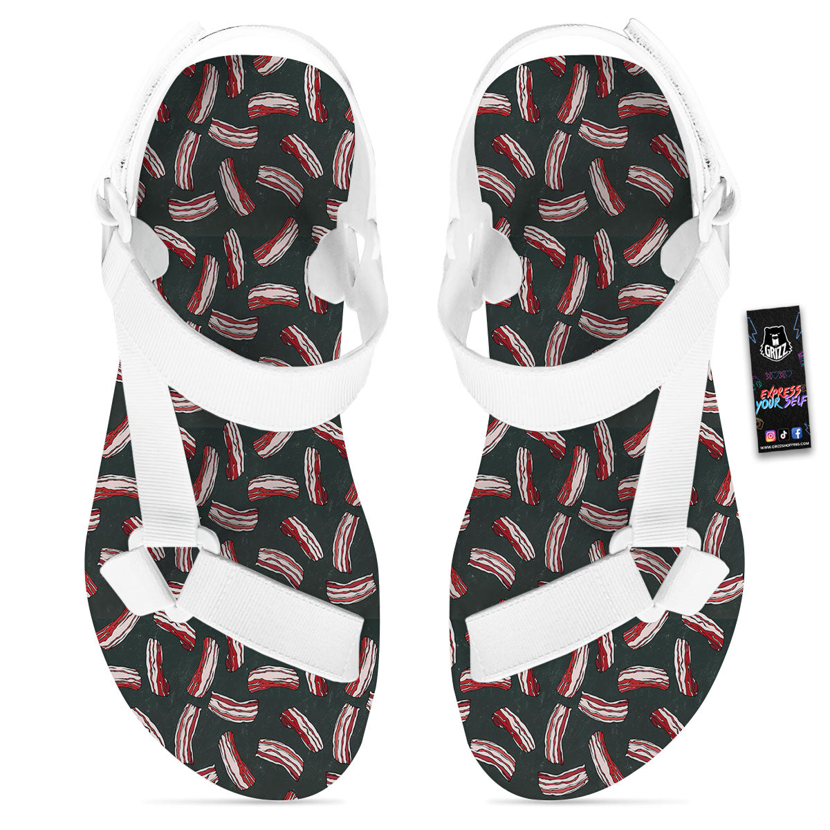 Bacon Black Print Pattern White Open Toe Sandals-grizzshop