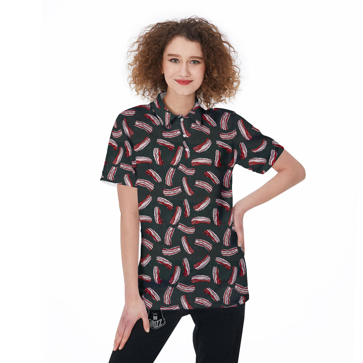 Bacon Black Print Pattern Women's Golf Shirts-grizzshop