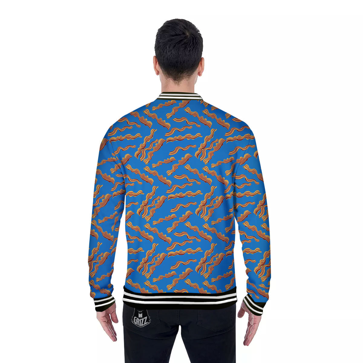Bacon Blue Crispy Print Pattern Baseball Jacket-grizzshop