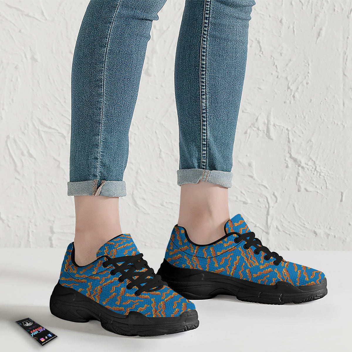 Bacon Blue Crispy Print Pattern Black Chunky Shoes-grizzshop