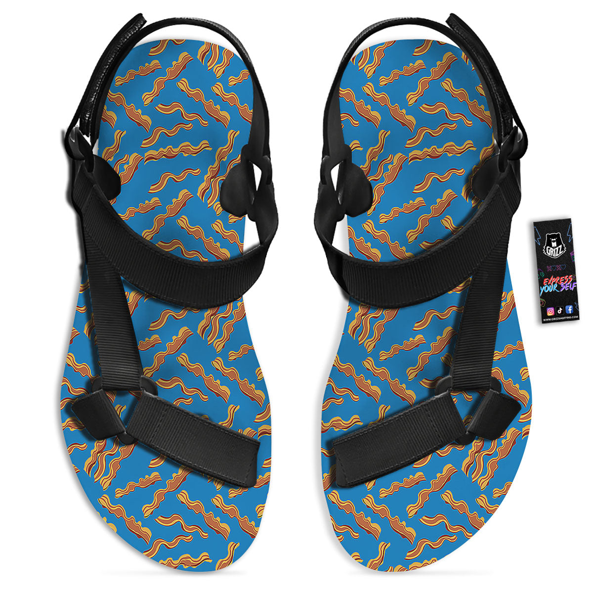 Bacon Blue Crispy Print Pattern Black Open Toe Sandals-grizzshop