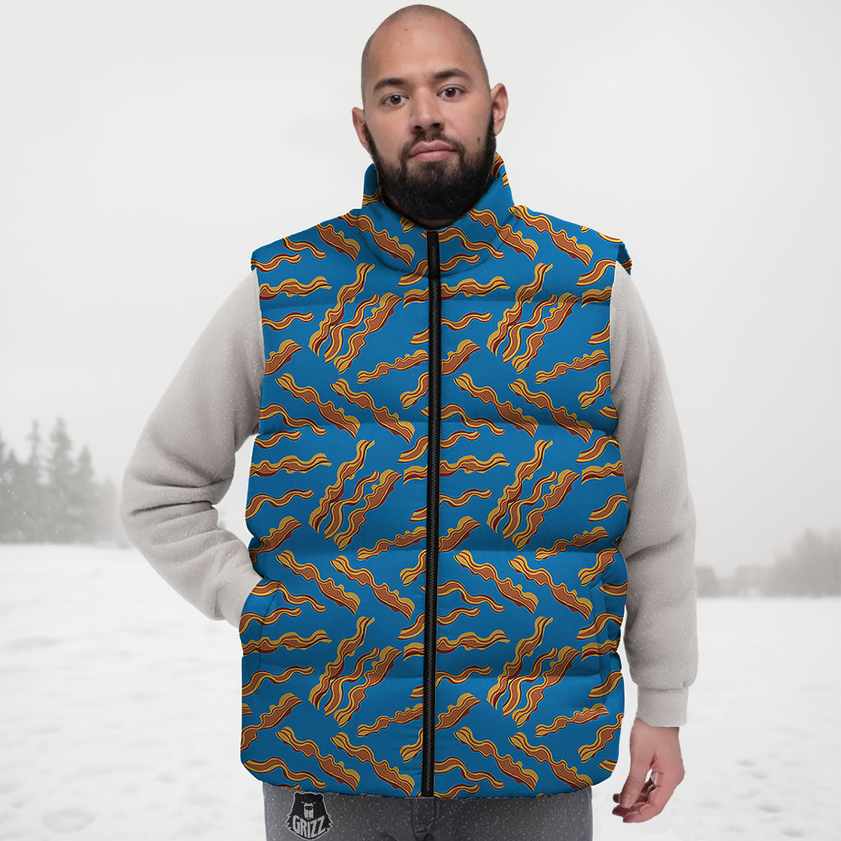 Bacon Blue Crispy Print Pattern Down Vest-grizzshop