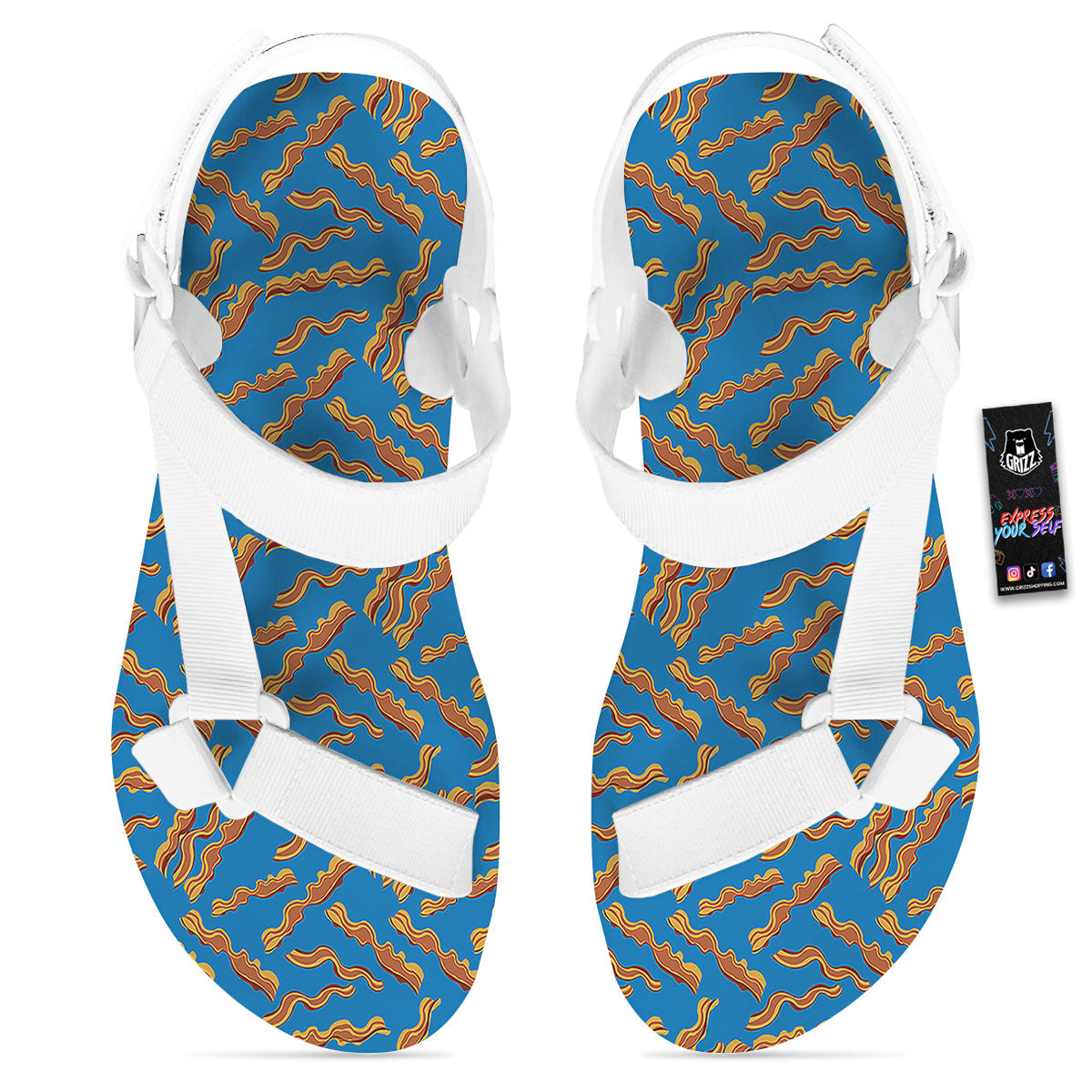 Bacon Blue Crispy Print Pattern White Open Toe Sandals-grizzshop